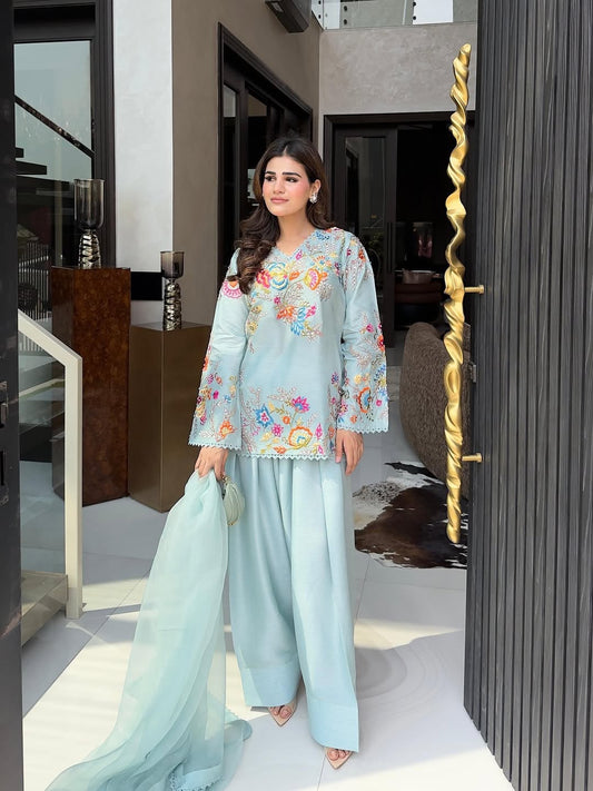 Sky Blue Designer Embroidered Farsi Salwar Suit with Dupatta