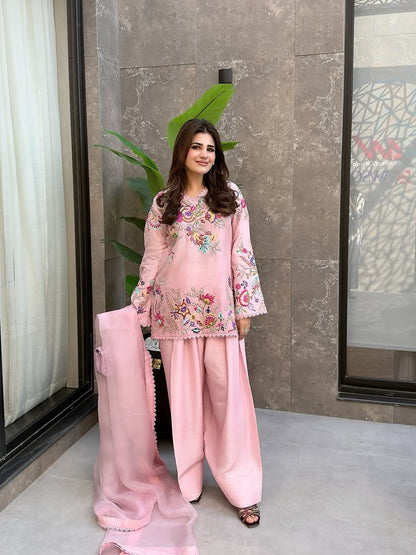 Baby Pink Designer Embroidered Farsi Salwar Suit with Dupatta