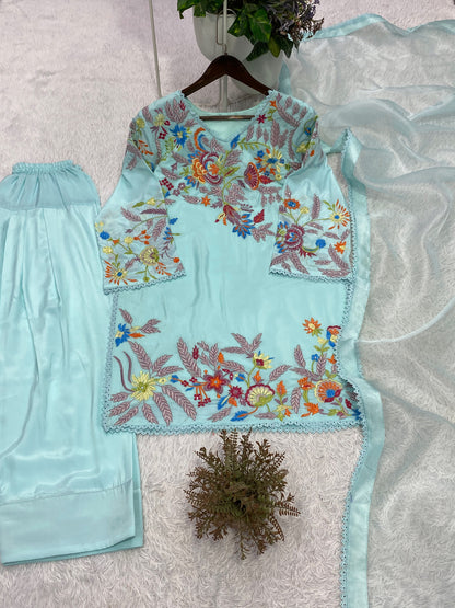 Sky Blue Designer Embroidered Farsi Salwar Suit with Dupatta