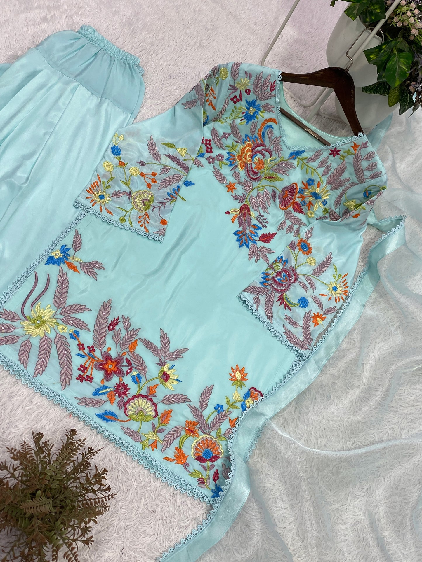 Sky Blue Designer Embroidered Farsi Salwar Suit with Dupatta