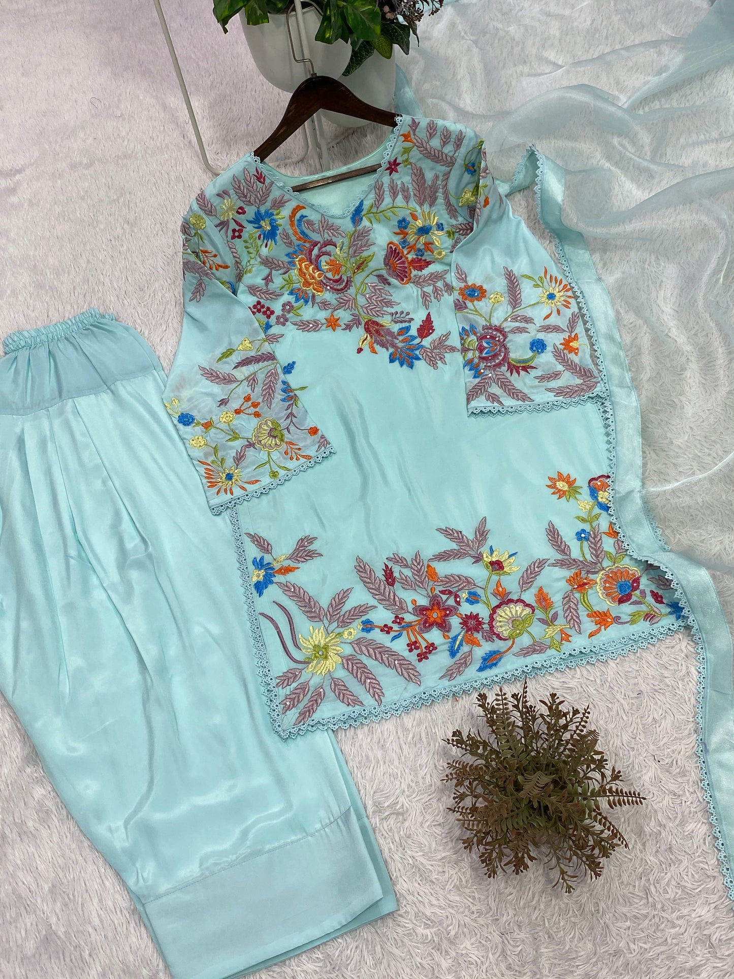Sky Blue Designer Embroidered Farsi Salwar Suit with Dupatta