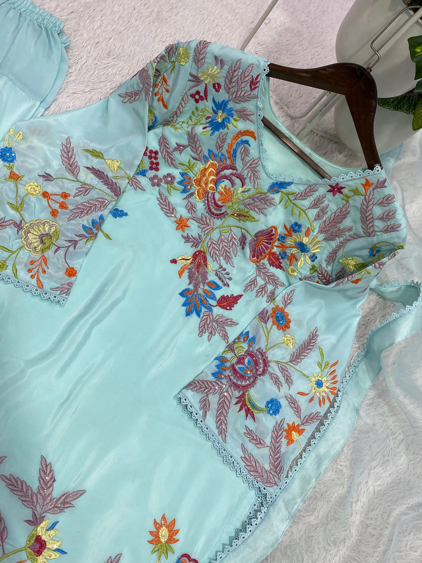 Sky Blue Designer Embroidered Farsi Salwar Suit with Dupatta