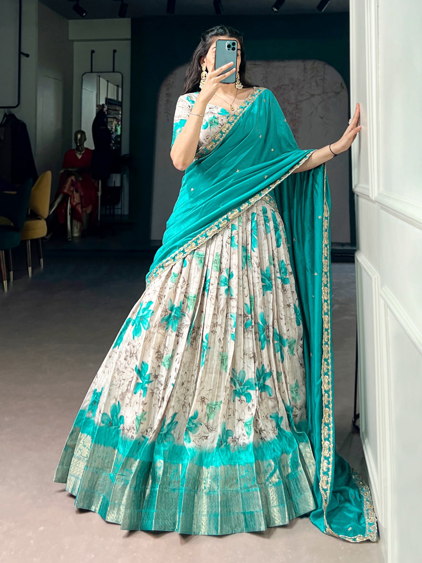 Teal Blue Colour Dola Chex Floral Print Zari weaving Lehenga Choli