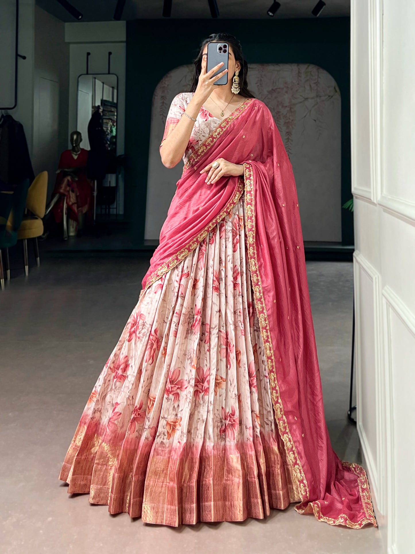 Rani Pink Colour Dola Chex Floral Print Zari weaving Lehenga Choli