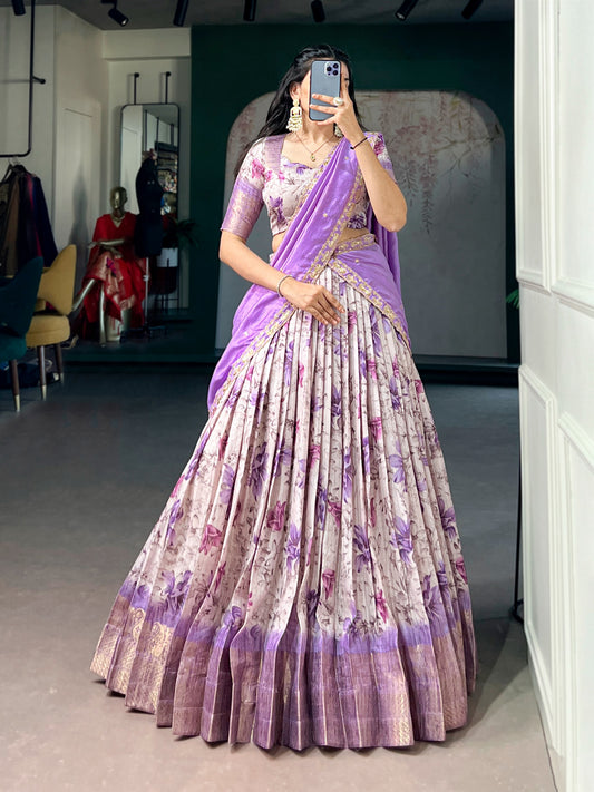 Purple Colour Dola Chex Floral Print Zari weaving Lehenga Choli