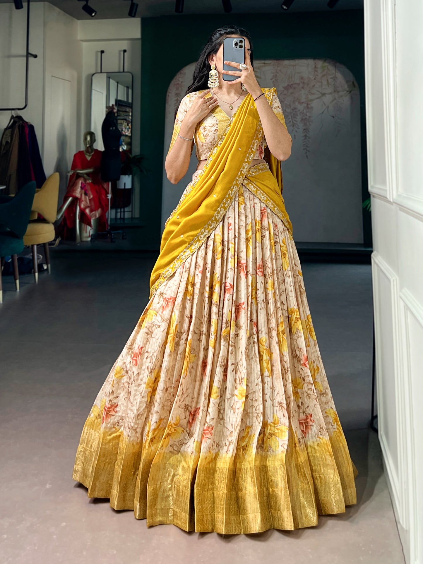 Yellow Color Dola Chex Floral Print Zari weaving Lehenga Choli