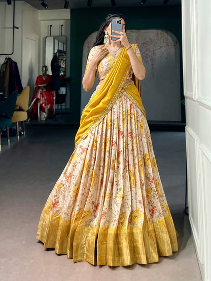 Yellow Color Dola Chex Floral Print Zari weaving Lehenga Choli