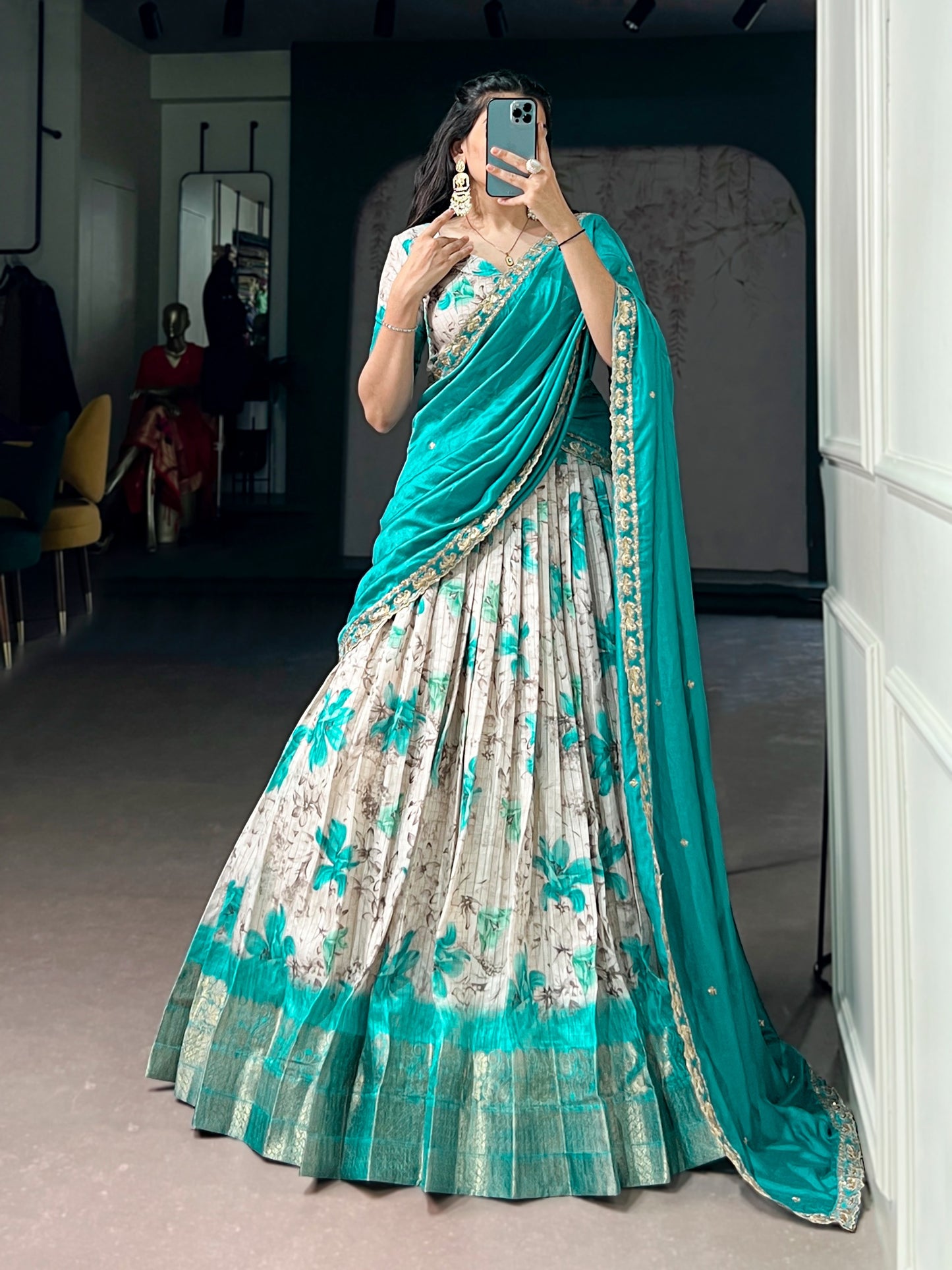 Teal Blue Colour Dola Chex Floral Print Zari weaving Lehenga Choli