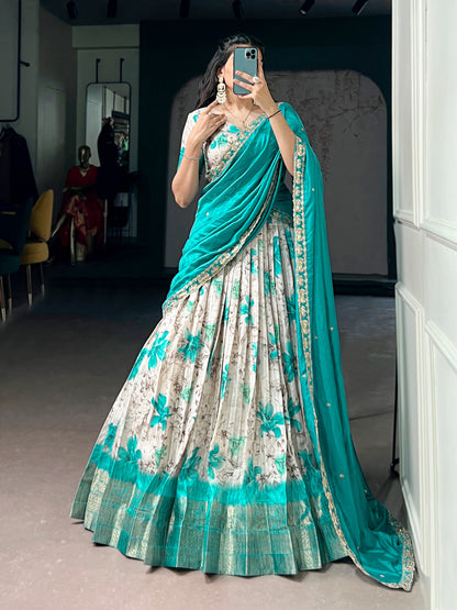 Teal Blue Colour Dola Chex Floral Print Zari weaving Lehenga Choli