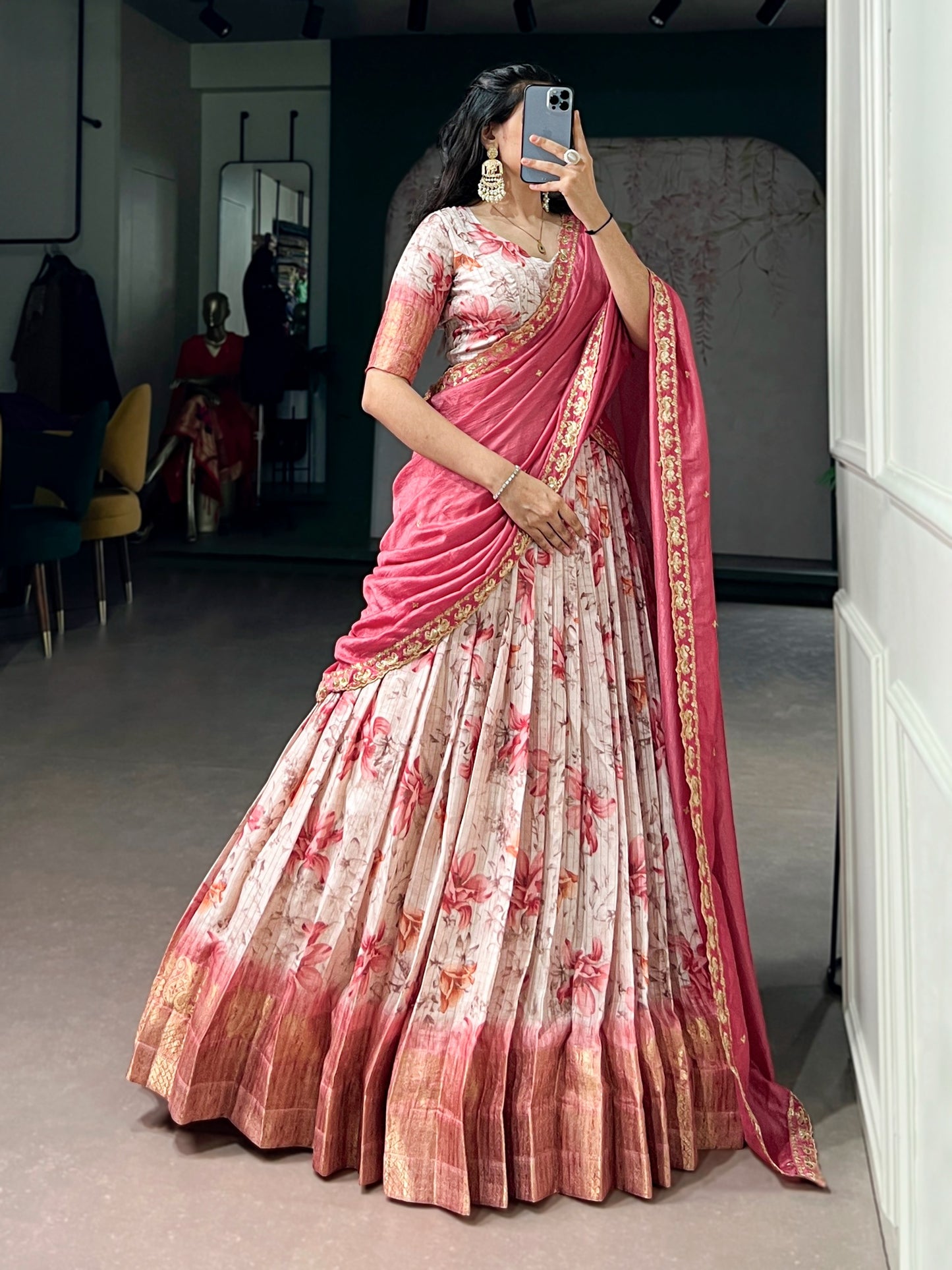 Rani Pink Colour Dola Chex Floral Print Zari weaving Lehenga Choli