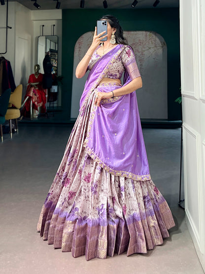 Purple Colour Dola Chex Floral Print Zari weaving Lehenga Choli