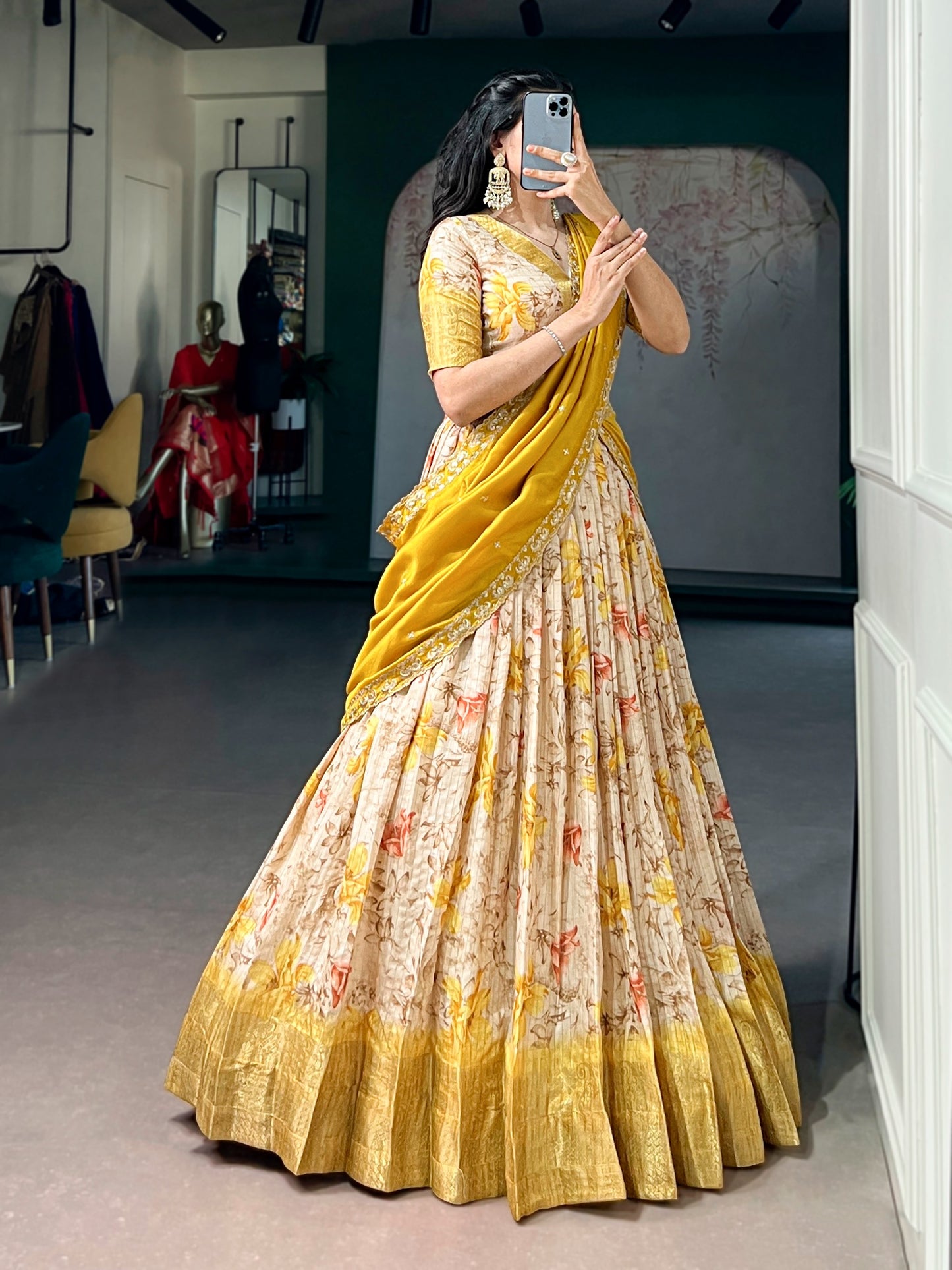 Yellow Color Dola Chex Floral Print Zari weaving Lehenga Choli