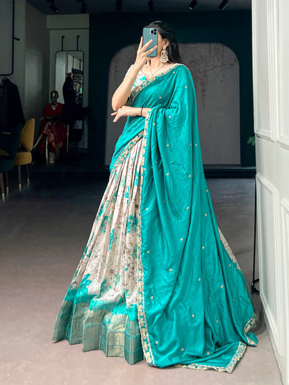 Teal Blue Colour Dola Chex Floral Print Zari weaving Lehenga Choli