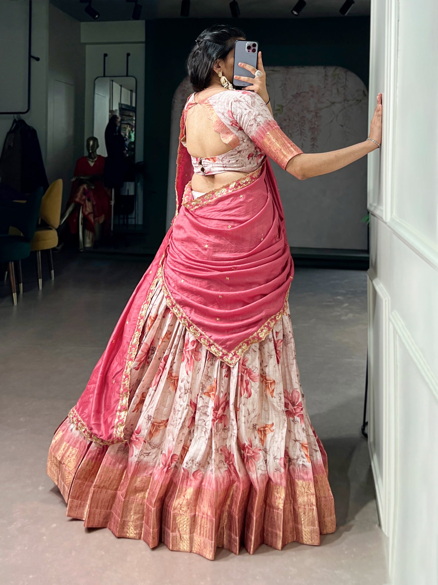 Rani Pink Colour Dola Chex Floral Print Zari weaving Lehenga Choli