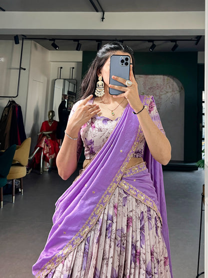 Purple Colour Dola Chex Floral Print Zari weaving Lehenga Choli