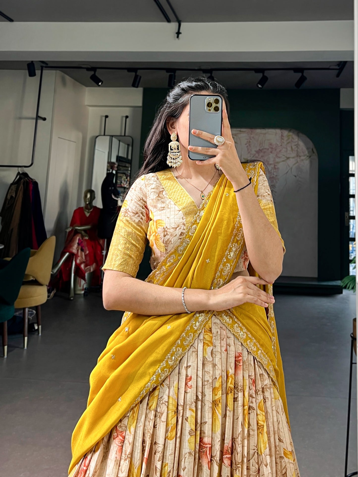 Yellow Color Dola Chex Floral Print Zari weaving Lehenga Choli