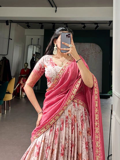 Rani Pink Colour Dola Chex Floral Print Zari weaving Lehenga Choli