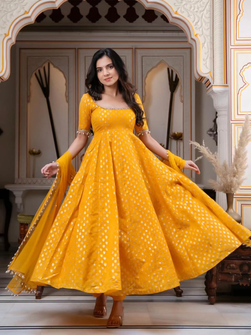 Yellow Color Chanderi Jacquard Butti with Mirror Work Anarkali Gown Pant and Dupatta