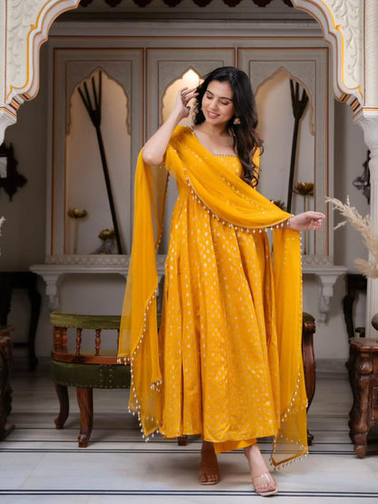 Yellow Color Chanderi Jacquard Butti with Mirror Work Anarkali Gown Pant and Dupatta