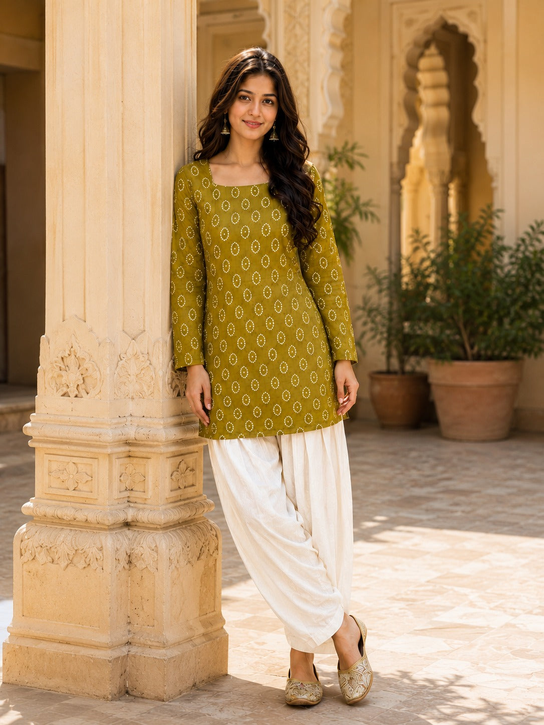 Mehendi Green Colour Cotton Bandhej Print With Backside Dori Attached Short Kurti Tunic Top