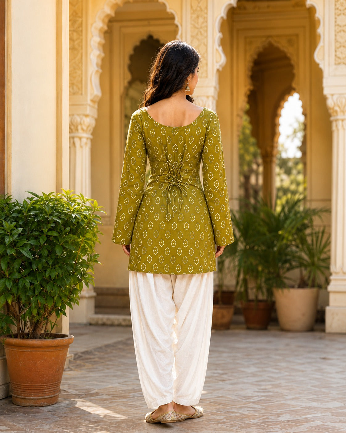 Mehendi Green Colour Cotton Bandhej Print With Backside Dori Attached Short Kurti Tunic Top