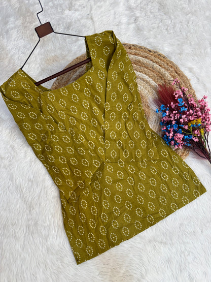Mehendi Green Colour Cotton Bandhej Print With Backside Dori Attached Short Kurti Tunic Top