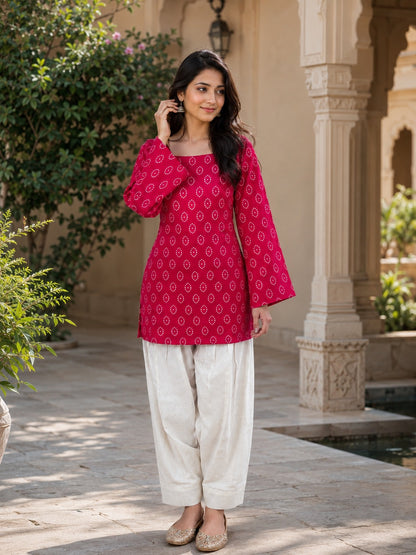 Pink Colour Cotton Bandhej Print With Backside Dori Attached Short Kurti Tunic Top