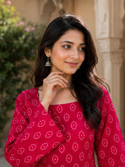 Pink Colour Cotton Bandhej Print With Backside Dori Attached Short Kurti Tunic Top