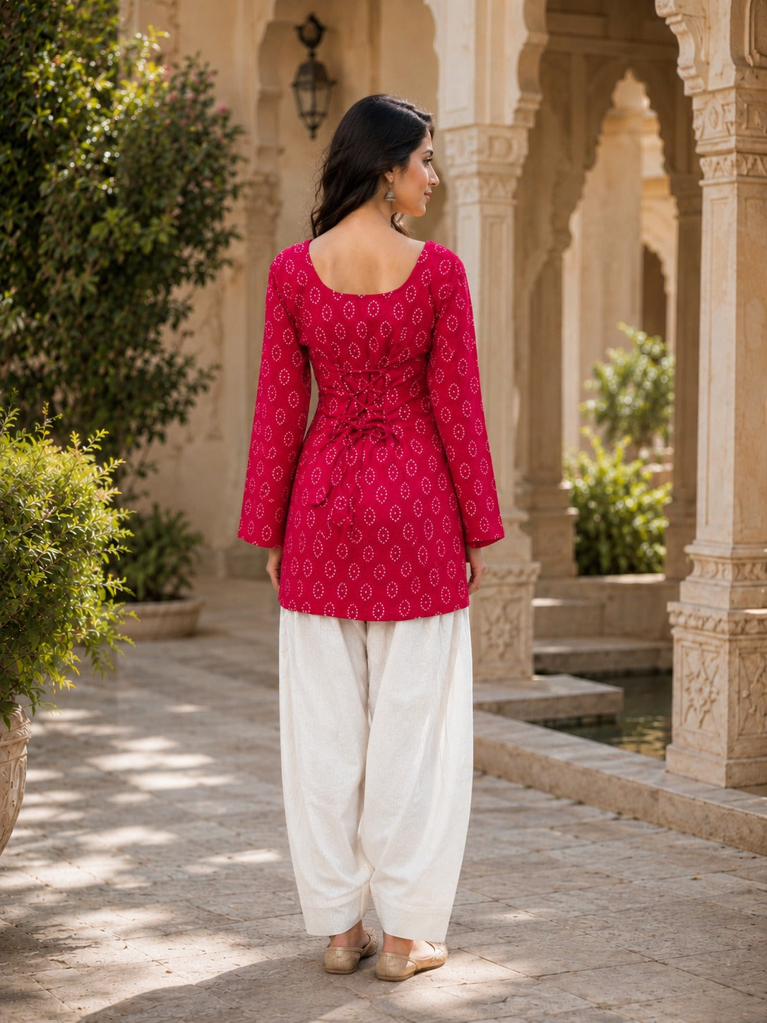 Pink Colour Cotton Bandhej Print With Backside Dori Attached Short Kurti Tunic Top