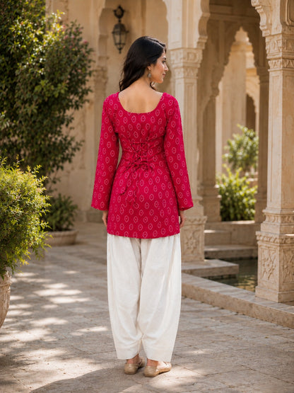 Pink Colour Cotton Bandhej Print With Backside Dori Attached Short Kurti Tunic Top