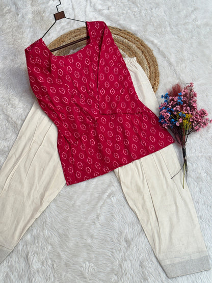 Pink Colour Cotton Bandhej Print With Backside Dori Attached Short Kurti Tunic Top