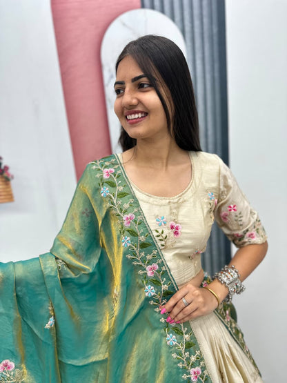 Beige Colour Chinon Embroidery work Readymade Lehenga Choli With Sea Green Dupatta
