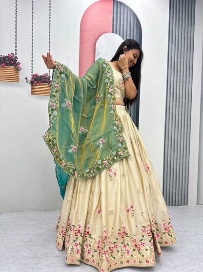 Beige Colour Chinon Embroidery work Readymade Lehenga Choli With Sea Green Dupatta