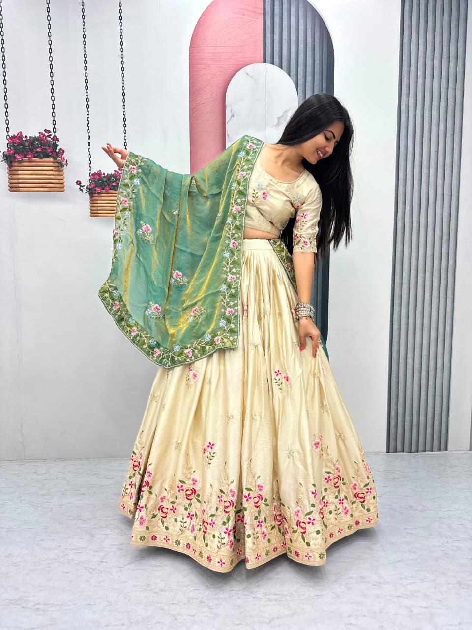Beige Colour Chinon Embroidery work Readymade Lehenga Choli With Sea Green Dupatta