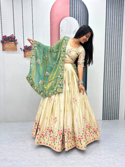 Beige Colour Chinon Embroidery work Readymade Lehenga Choli With Sea Green Dupatta