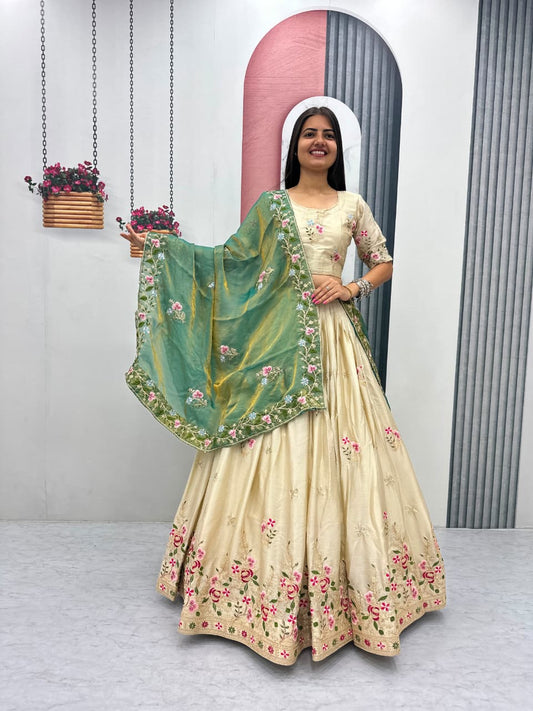 Beige Colour Chinon Embroidery work Readymade Lehenga Choli With Sea Green Dupatta