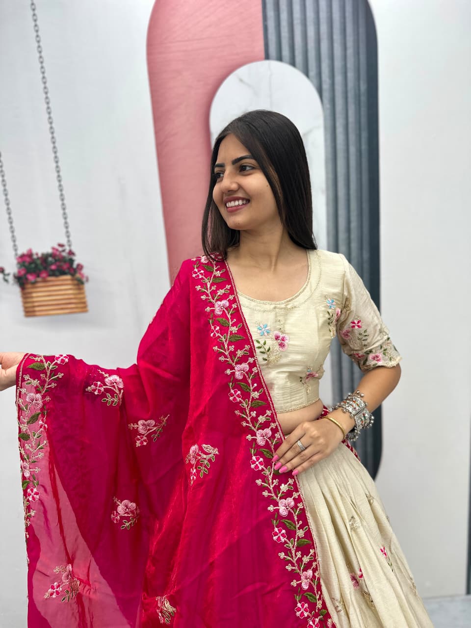 Beige Colour Chinon Embroidery work Readymade Lehenga Choli With Pink Dupatta