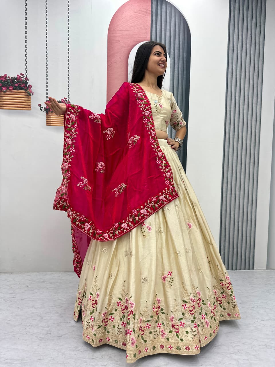 Beige Colour Chinon Embroidery work Readymade Lehenga Choli With Pink Dupatta