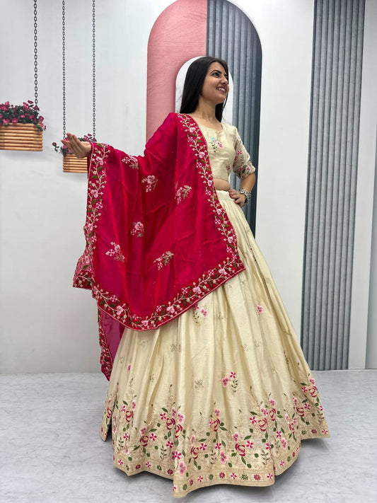 Beige Colour Chinon Embroidery work Readymade Lehenga Choli With Pink Dupatta