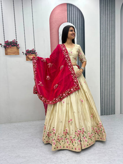 Beige Colour Chinon Embroidery work Readymade Lehenga Choli With Pink Dupatta