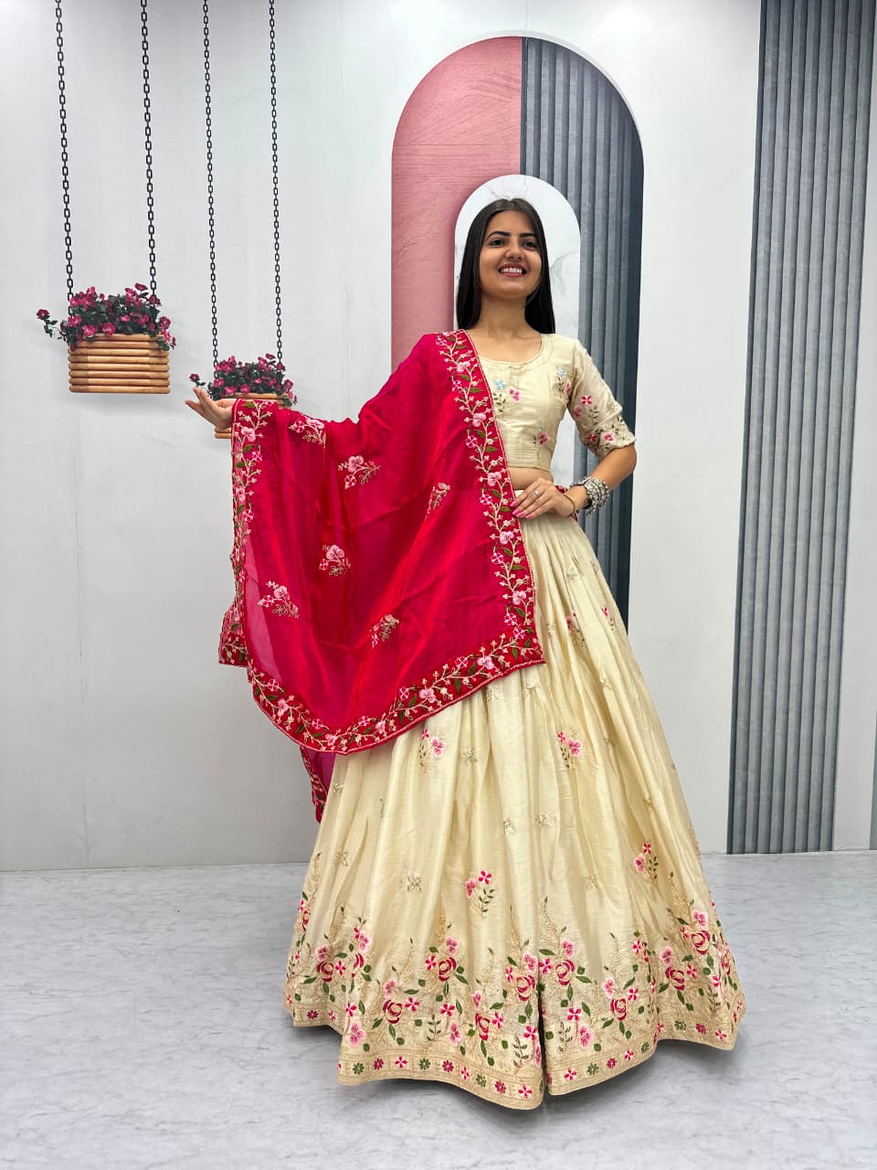 Beige Colour Chinon Embroidery work Readymade Lehenga Choli With Pink Dupatta