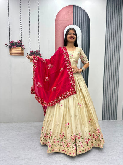 Beige Colour Chinon Embroidery work Readymade Lehenga Choli With Pink Dupatta