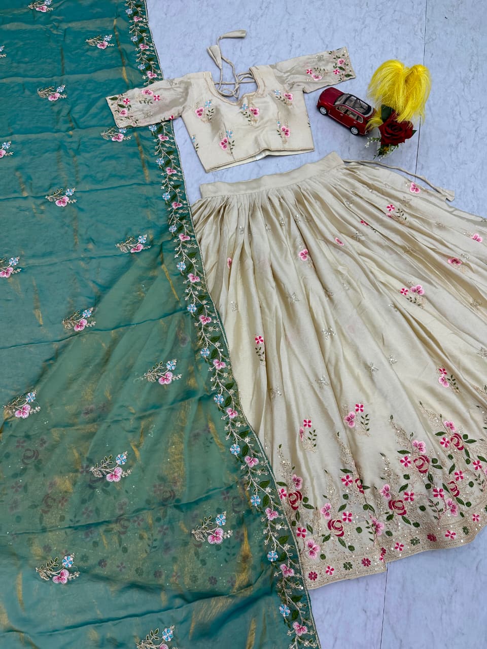 Beige Colour Chinon Embroidery work Readymade Lehenga Choli With Sea Green Dupatta