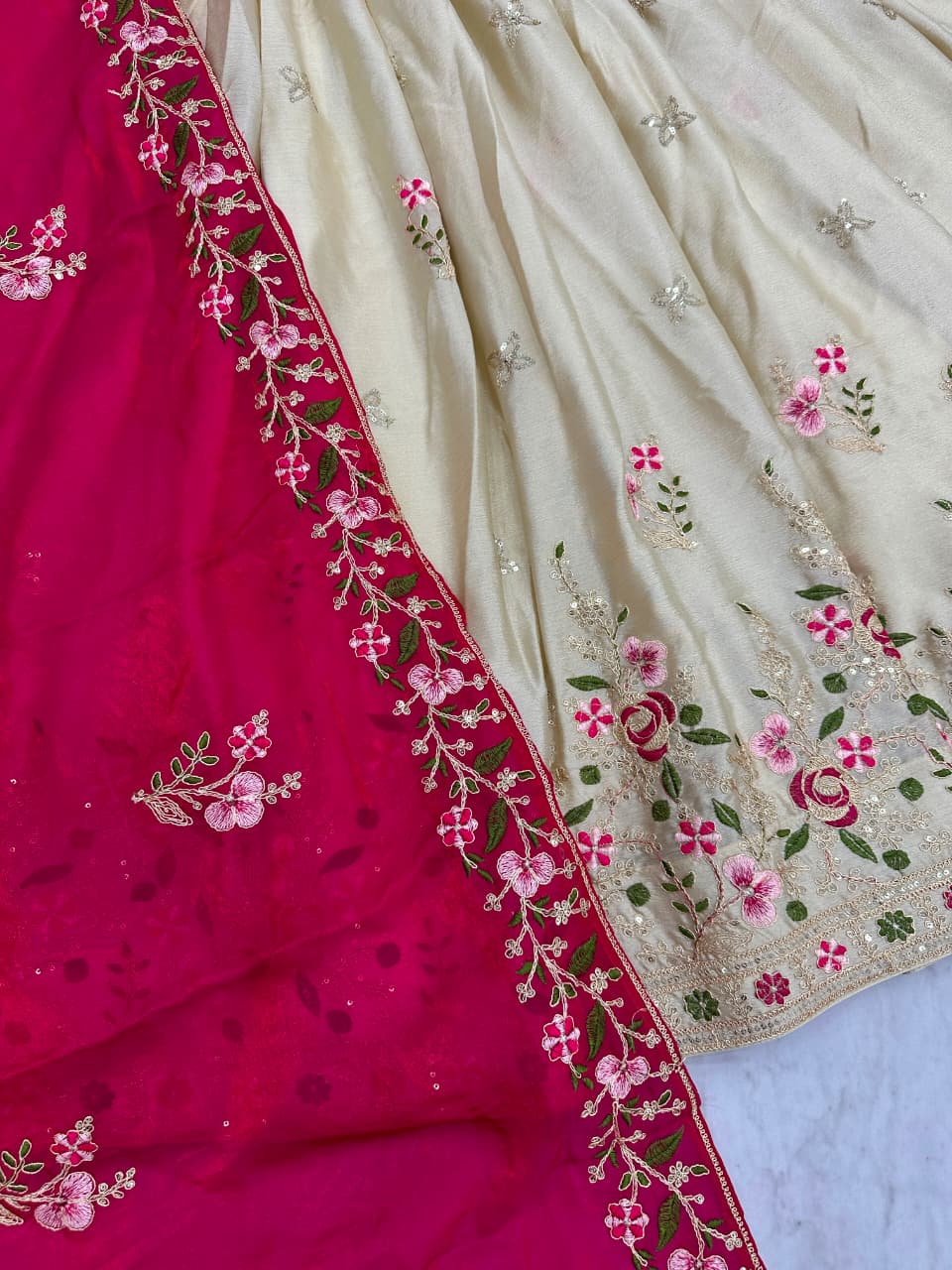 Beige Colour Chinon Embroidery work Readymade Lehenga Choli With Pink Dupatta