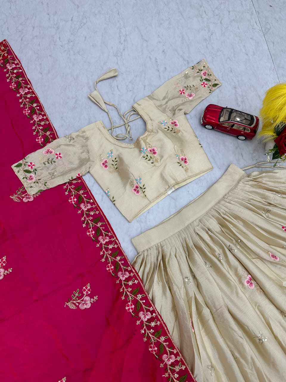 Beige Colour Chinon Embroidery work Readymade Lehenga Choli With Pink Dupatta