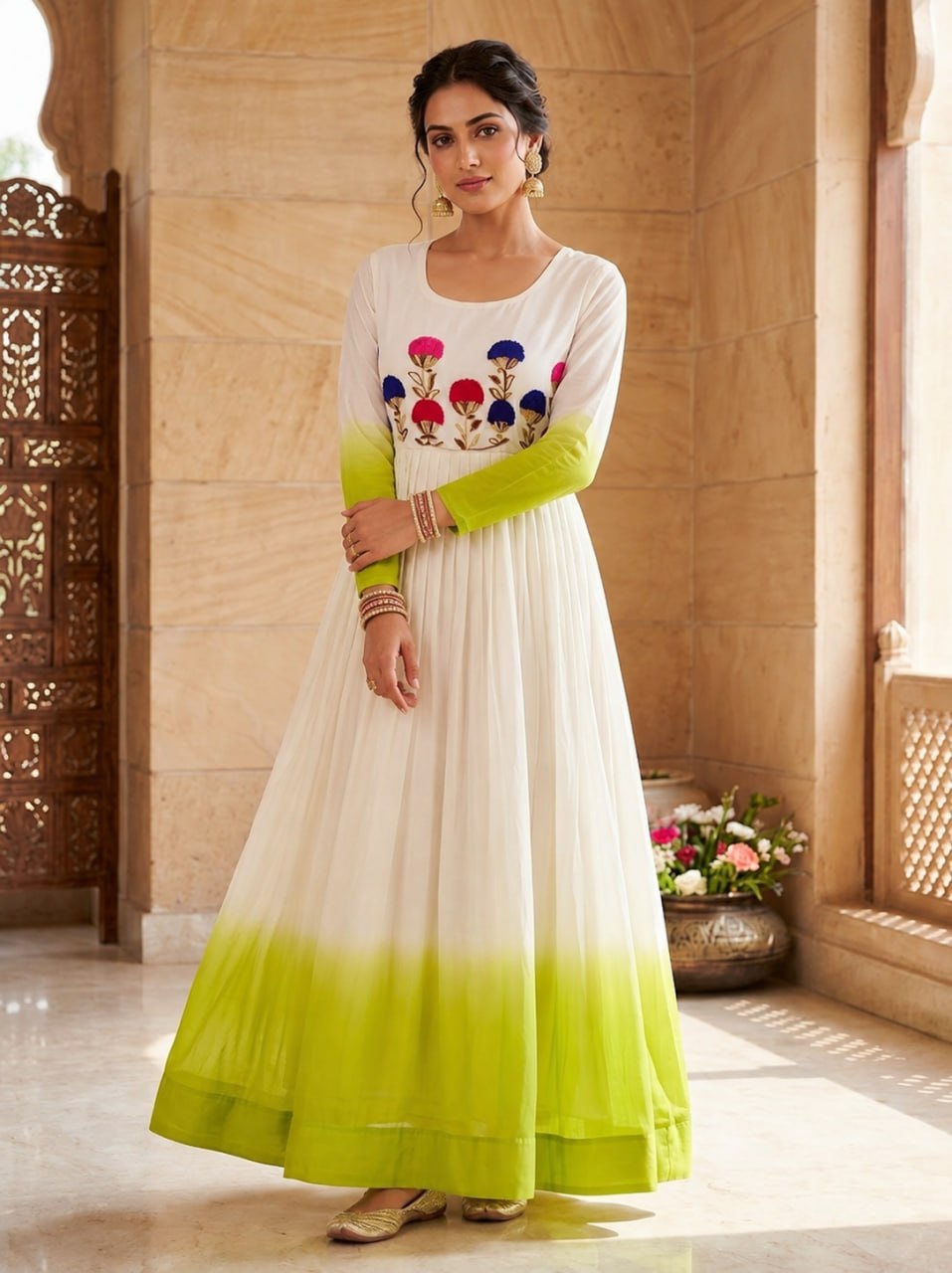 White and Parrot Green Star Georgette Pedding with Embroidery Woolen Work Gown