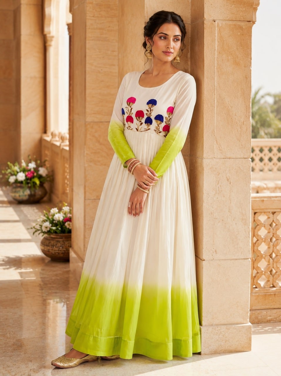 White and Parrot Green Star Georgette Pedding with Embroidery Woolen Work Gown