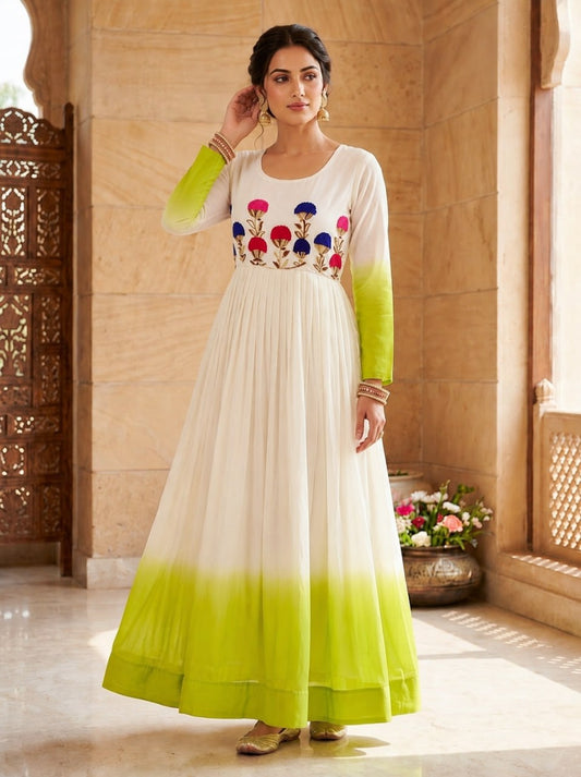 White and Parrot Green Star Georgette Pedding with Embroidery Woolen Work Gown