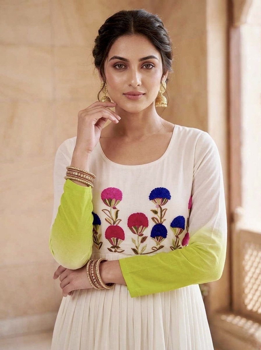 White and Parrot Green Star Georgette Pedding with Embroidery Woolen Work Gown