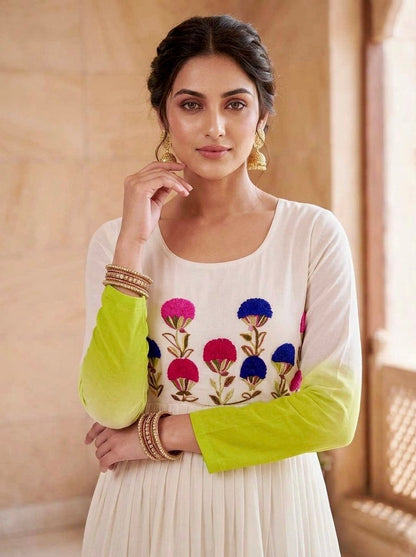 White and Parrot Green Star Georgette Pedding with Embroidery Woolen Work Gown